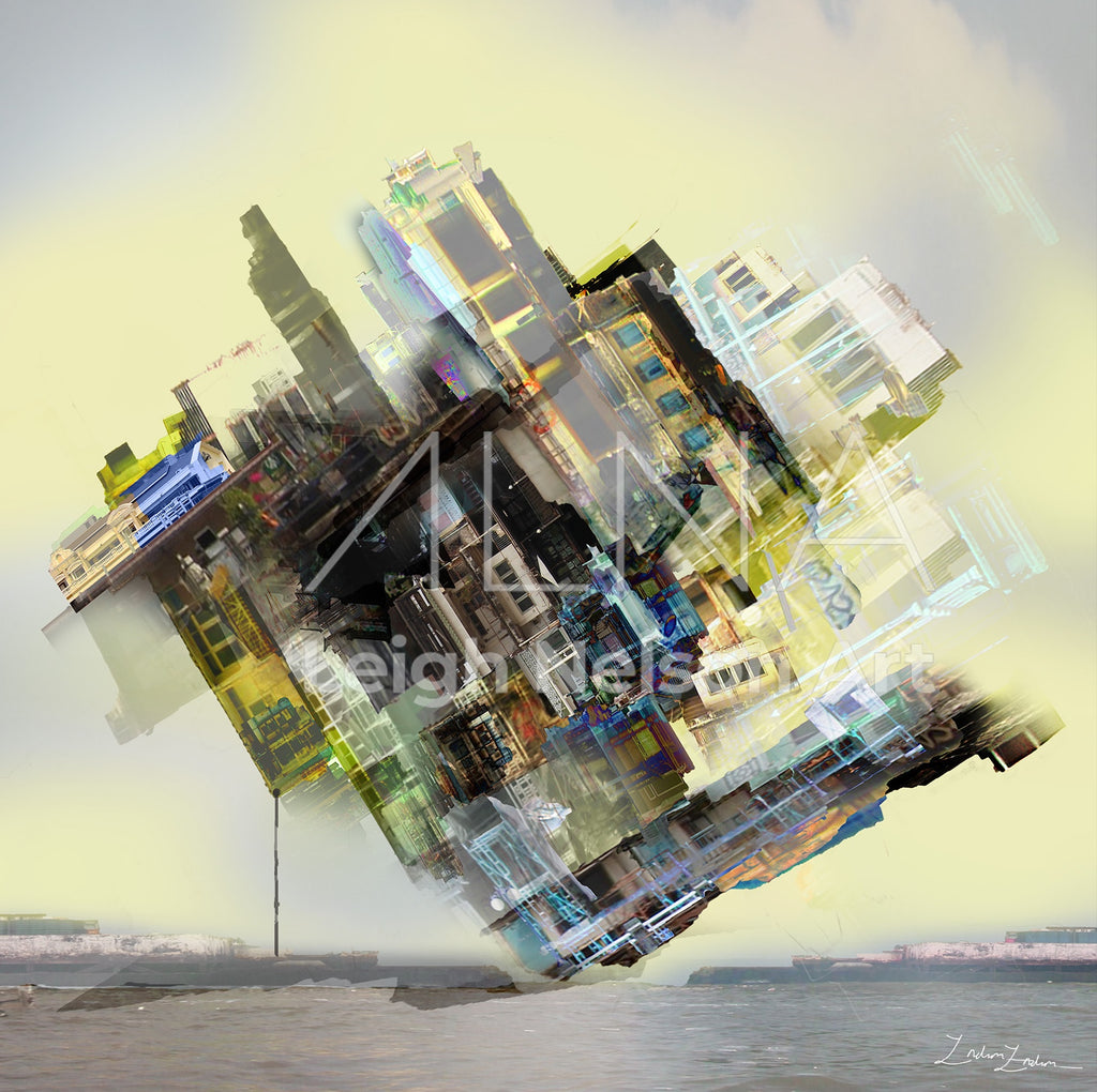Abstract cityscape with futuristic buildings on a yellow background