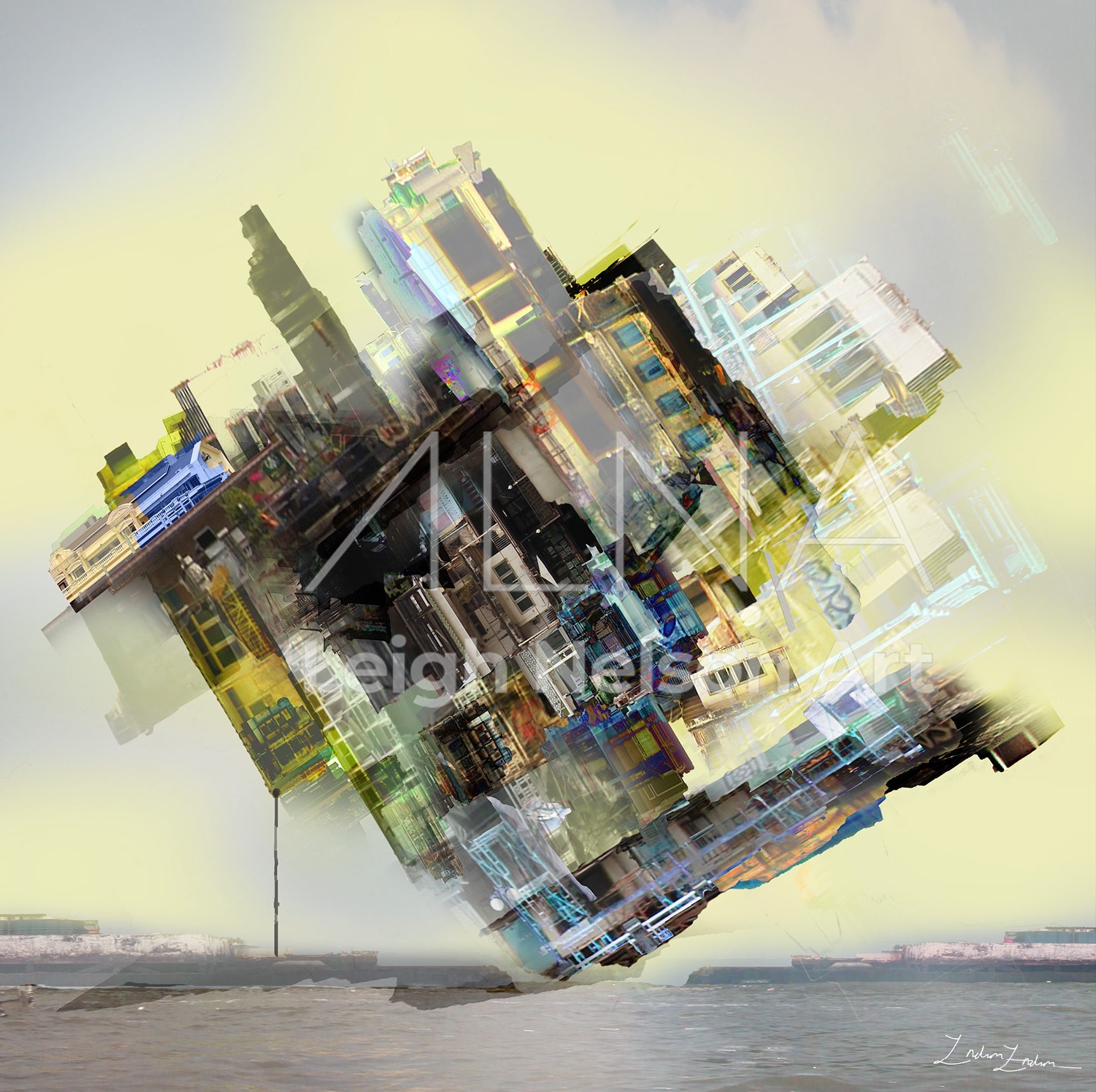 Abstract cityscape with futuristic buildings on a yellow background