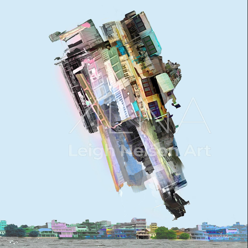 Abstract art piece with geometric shapes and pastel colors on a light blue background - canadian paintings