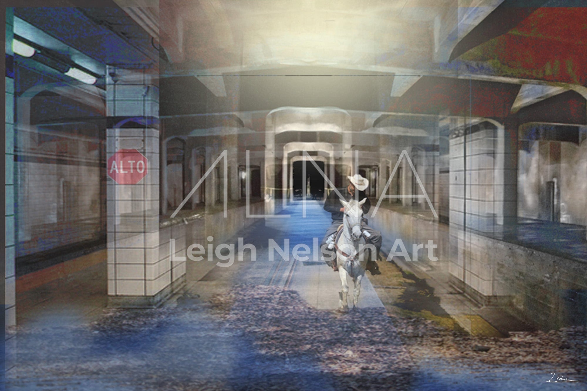 A modern cowboy art by leigh nelson. Featuring a cowboy in a white subway tunnel under divine light.
