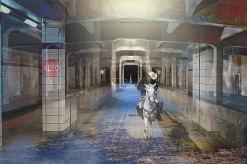 cowboy modern art - A Person riding a horse in a subway station under divine light.