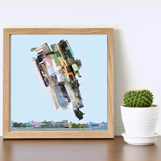 Framed abstract art piece on a wall with a potted plant below.